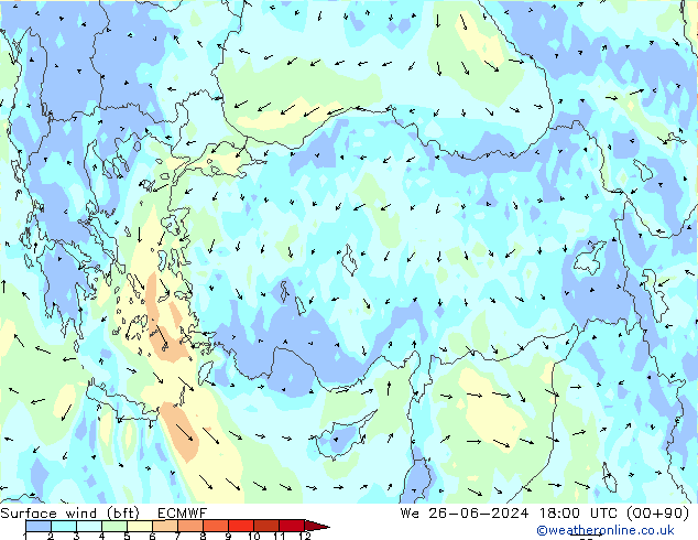 Surface wind (bft) ECMWF We 26.06.2024 18 UTC