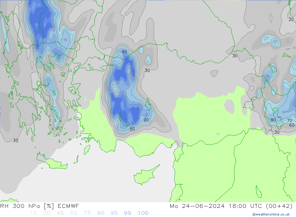 RH 300 hPa ECMWF Mo 24.06.2024 18 UTC