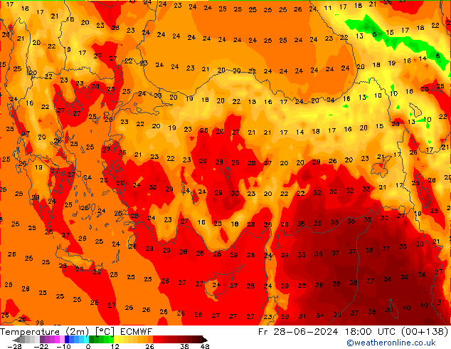 Temperature (2m) ECMWF Pá 28.06.2024 18 UTC