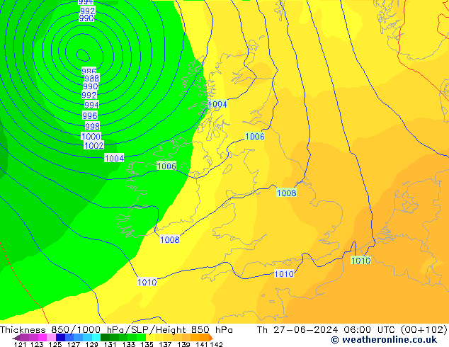 Thck 850-1000 гПа ECMWF чт 27.06.2024 06 UTC