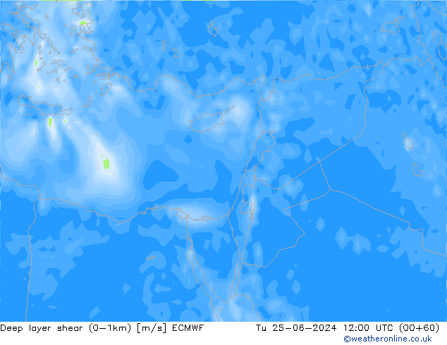 Deep layer shear (0-1km) ECMWF wto. 25.06.2024 12 UTC