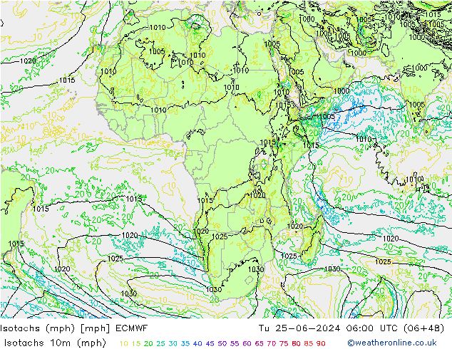 Isotachs (mph) ECMWF  25.06.2024 06 UTC