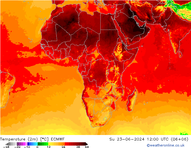 Temperatuurkaart (2m) ECMWF zo 23.06.2024 12 UTC