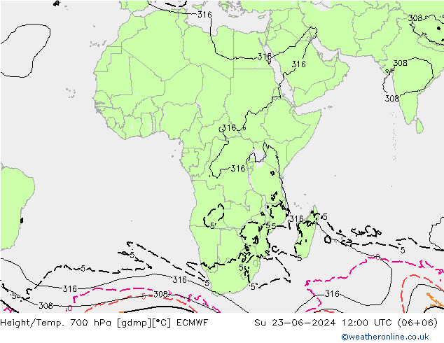 Height/Temp. 700 hPa ECMWF Dom 23.06.2024 12 UTC