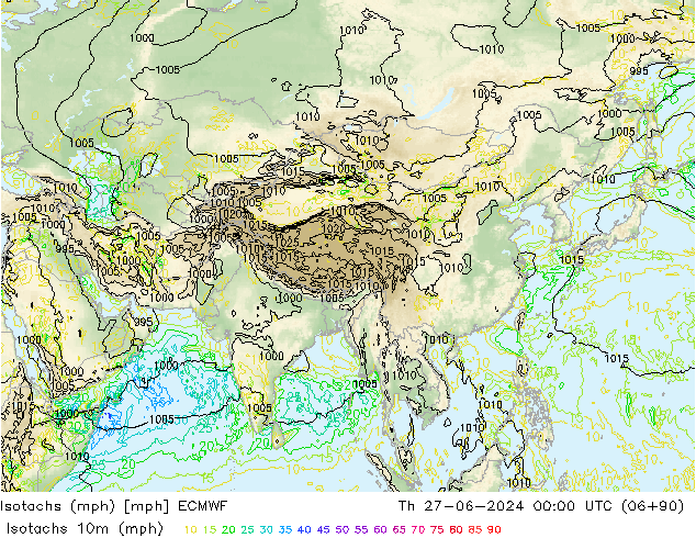 Isotachs (mph) ECMWF Čt 27.06.2024 00 UTC