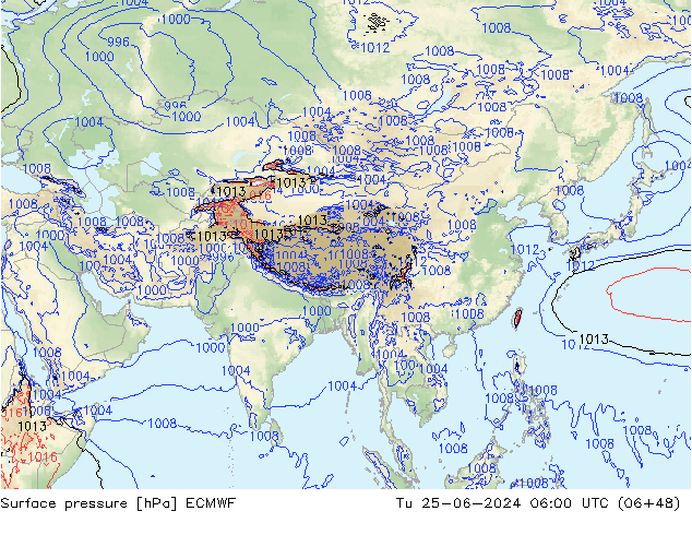 Surface pressure ECMWF Tu 25.06.2024 06 UTC