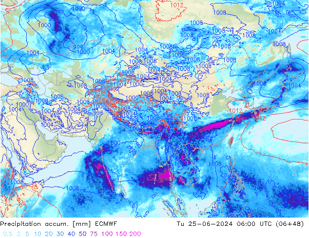 Precipitation accum. ECMWF Tu 25.06.2024 06 UTC