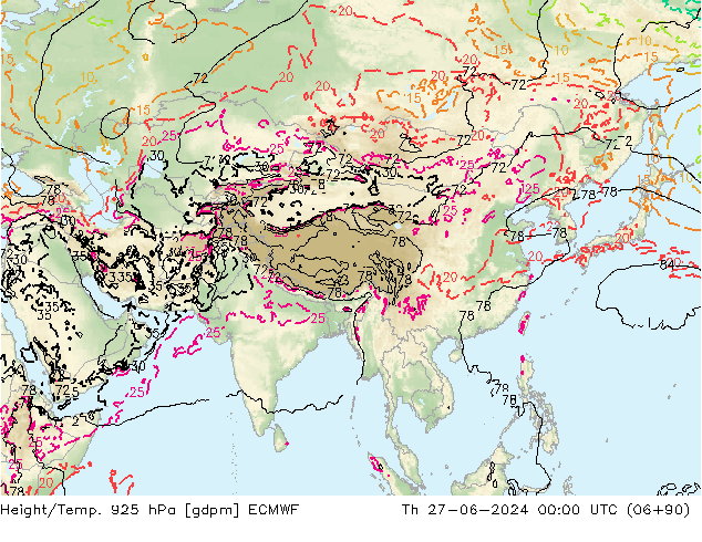 Height/Temp. 925 hPa ECMWF Čt 27.06.2024 00 UTC