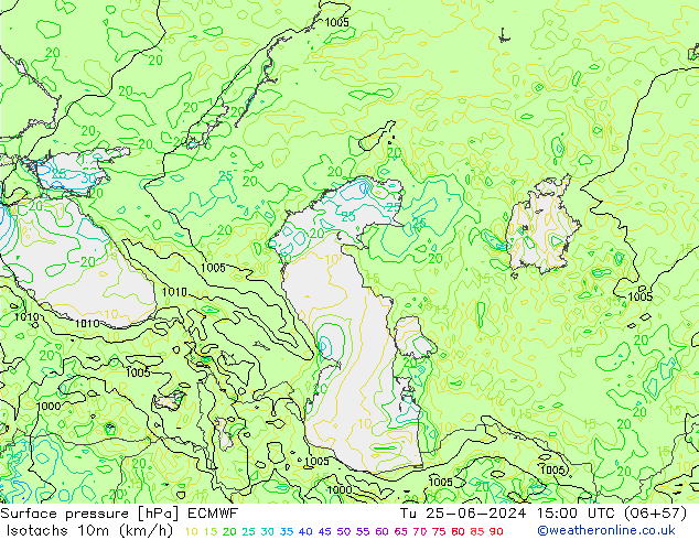 Izotacha (km/godz) ECMWF wto. 25.06.2024 15 UTC