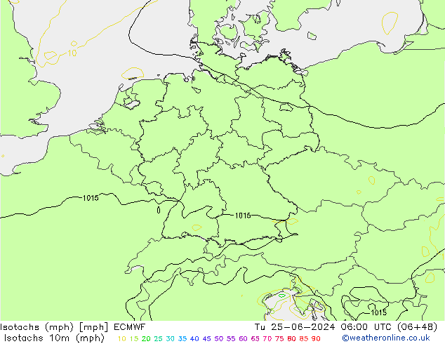 Isotachen (mph) ECMWF di 25.06.2024 06 UTC