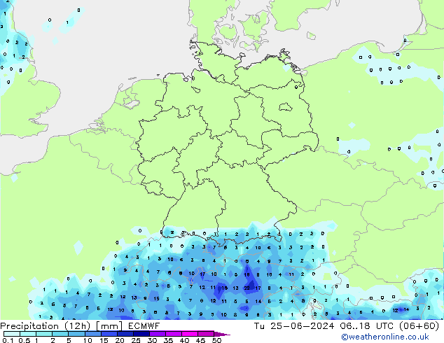 Precipitation (12h) ECMWF Tu 25.06.2024 18 UTC