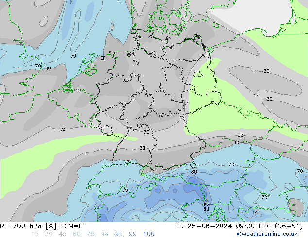 RH 700 hPa ECMWF Tu 25.06.2024 09 UTC