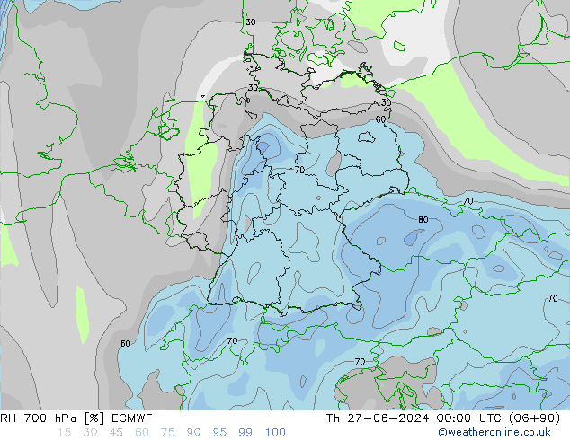 RH 700 hPa ECMWF czw. 27.06.2024 00 UTC