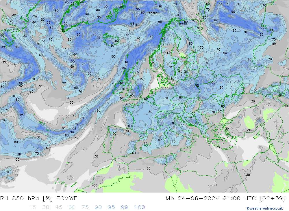 RH 850 hPa ECMWF Mo 24.06.2024 21 UTC