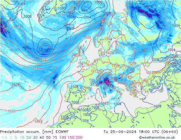 Precipitation accum. ECMWF Tu 25.06.2024 18 UTC