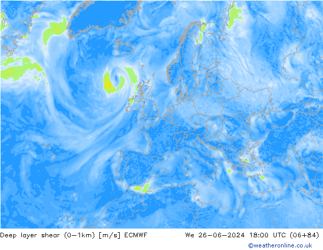 Deep layer shear (0-1km) ECMWF We 26.06.2024 18 UTC