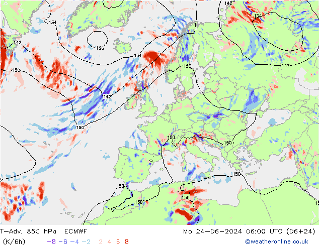 T-Adv. 850 hPa ECMWF Seg 24.06.2024 06 UTC