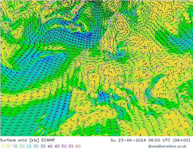 wiatr 10 m ECMWF nie. 23.06.2024 06 UTC