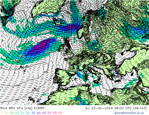 Viento 850 hPa ECMWF dom 23.06.2024 09 UTC