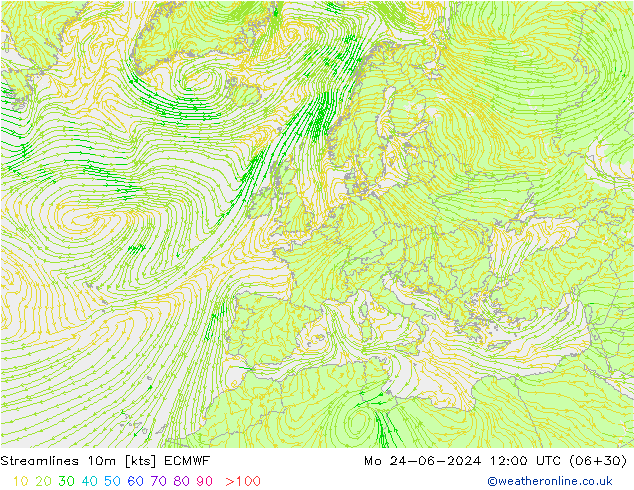 Stromlinien 10m ECMWF Mo 24.06.2024 12 UTC