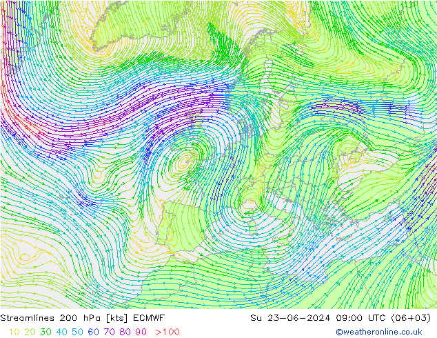 Línea de corriente 200 hPa ECMWF dom 23.06.2024 09 UTC