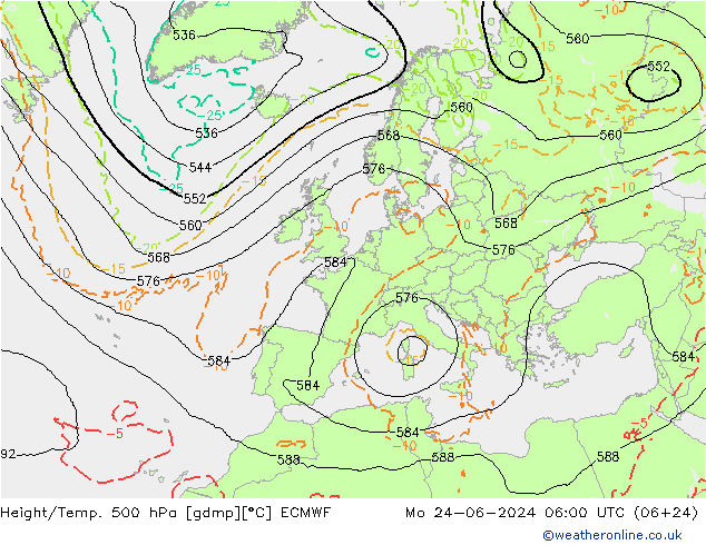 Z500/Rain (+SLP)/Z850 ECMWF pon. 24.06.2024 06 UTC