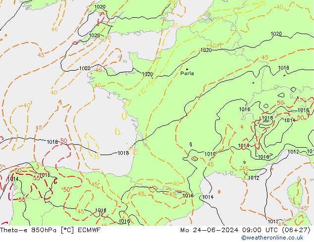 Theta-e 850hPa ECMWF ma 24.06.2024 09 UTC