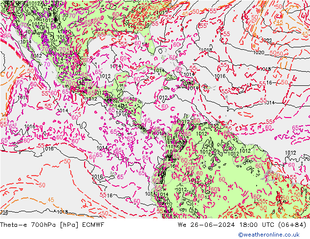 Theta-e 700hPa ECMWF mer 26.06.2024 18 UTC