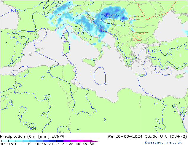 Precipitation (6h) ECMWF We 26.06.2024 06 UTC