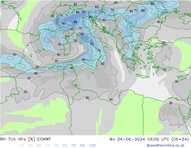 RH 700 hPa ECMWF Mo 24.06.2024 06 UTC