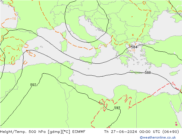 Z500/Rain (+SLP)/Z850 ECMWF Čt 27.06.2024 00 UTC