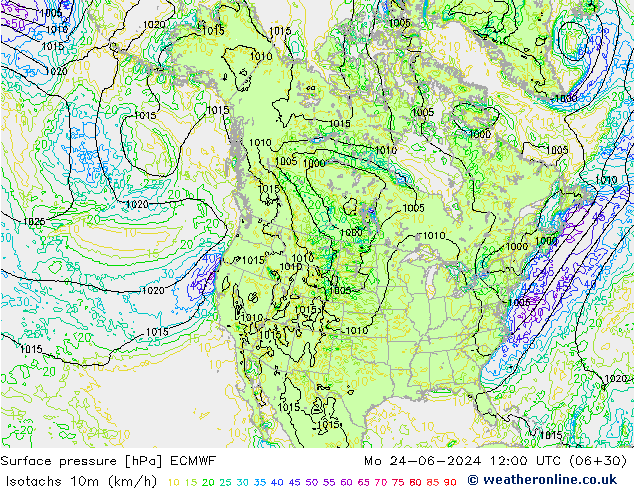 Izotacha (km/godz) ECMWF pon. 24.06.2024 12 UTC