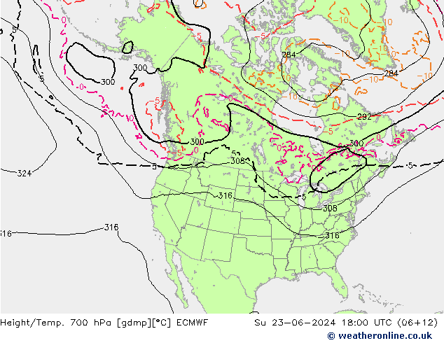 Height/Temp. 700 hPa ECMWF So 23.06.2024 18 UTC