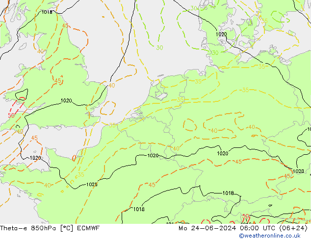 Theta-e 850hPa ECMWF Mo 24.06.2024 06 UTC