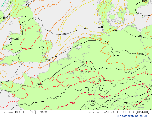 Theta-e 850гПа ECMWF вт 25.06.2024 18 UTC