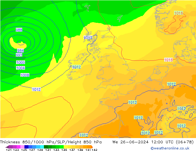 Thck 850-1000 hPa ECMWF Qua 26.06.2024 12 UTC