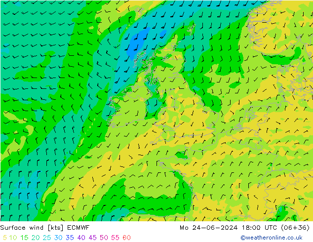 wiatr 10 m ECMWF pon. 24.06.2024 18 UTC