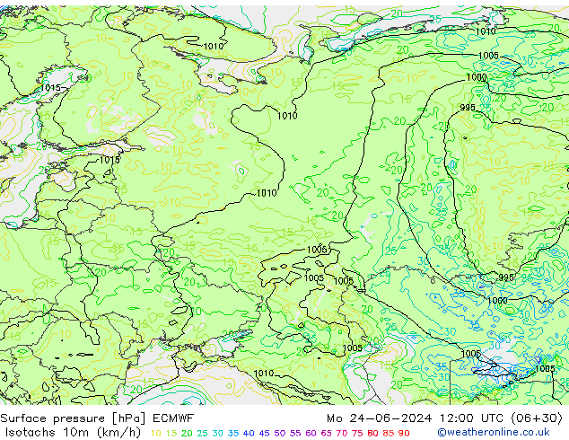 Isotachs (kph) ECMWF  24.06.2024 12 UTC