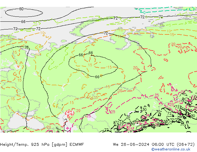 Height/Temp. 925 hPa ECMWF mer 26.06.2024 06 UTC