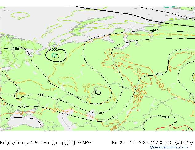 Z500/Rain (+SLP)/Z850 ECMWF pon. 24.06.2024 12 UTC