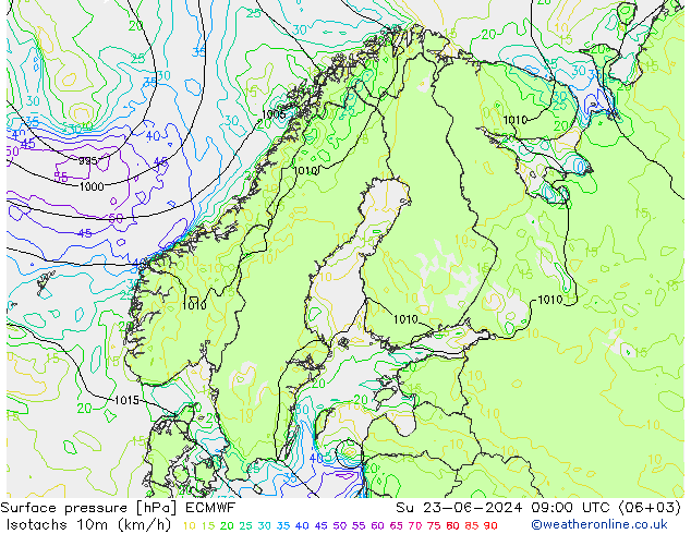 Izotacha (km/godz) ECMWF nie. 23.06.2024 09 UTC