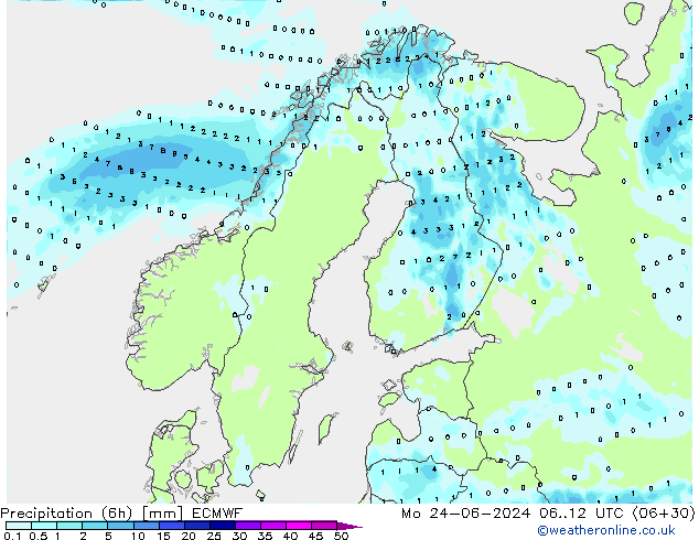 Precipitation (6h) ECMWF Mo 24.06.2024 12 UTC