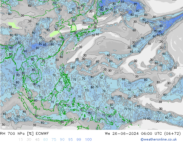 Humidité rel. 700 hPa ECMWF mer 26.06.2024 06 UTC