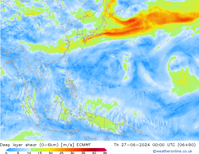 Deep layer shear (0-6km) ECMWF jue 27.06.2024 00 UTC