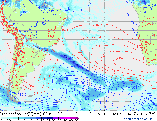 Z500/Rain (+SLP)/Z850 ECMWF wto. 25.06.2024 06 UTC