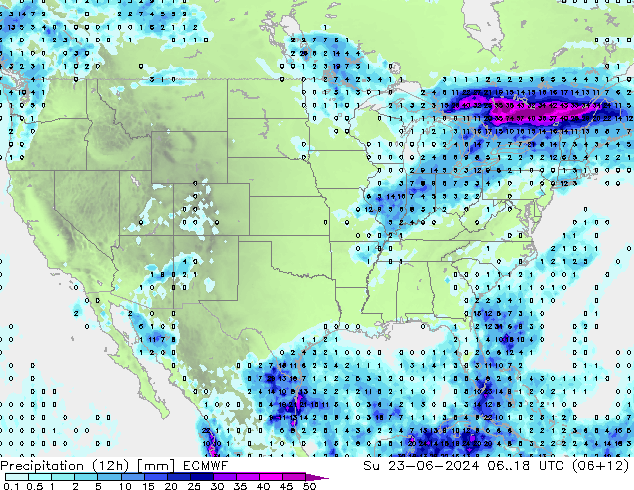 Precipitation (12h) ECMWF Su 23.06.2024 18 UTC