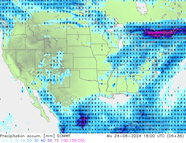 Précipitation accum. ECMWF lun 24.06.2024 18 UTC