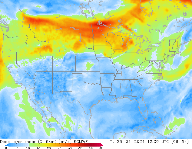 Deep layer shear (0-6km) ECMWF  25.06.2024 12 UTC