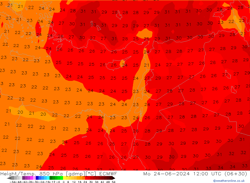 Height/Temp. 850 hPa ECMWF pon. 24.06.2024 12 UTC