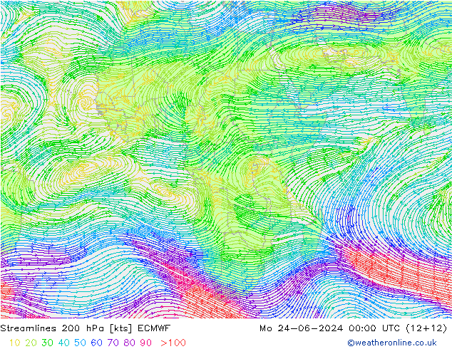 Streamlines 200 hPa ECMWF Mo 24.06.2024 00 UTC